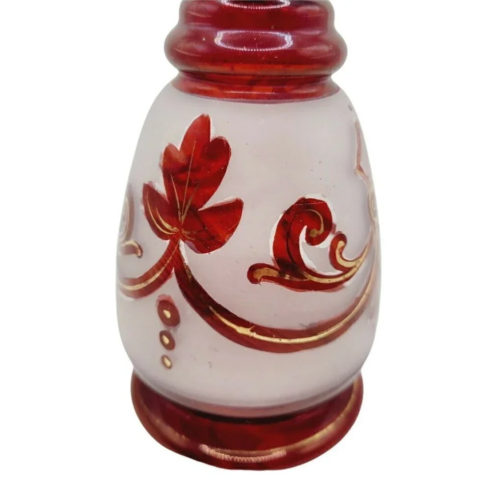 Vintage Bohemian Ruby Red Decanter Frosted Glass Painted Gold Gilding 9